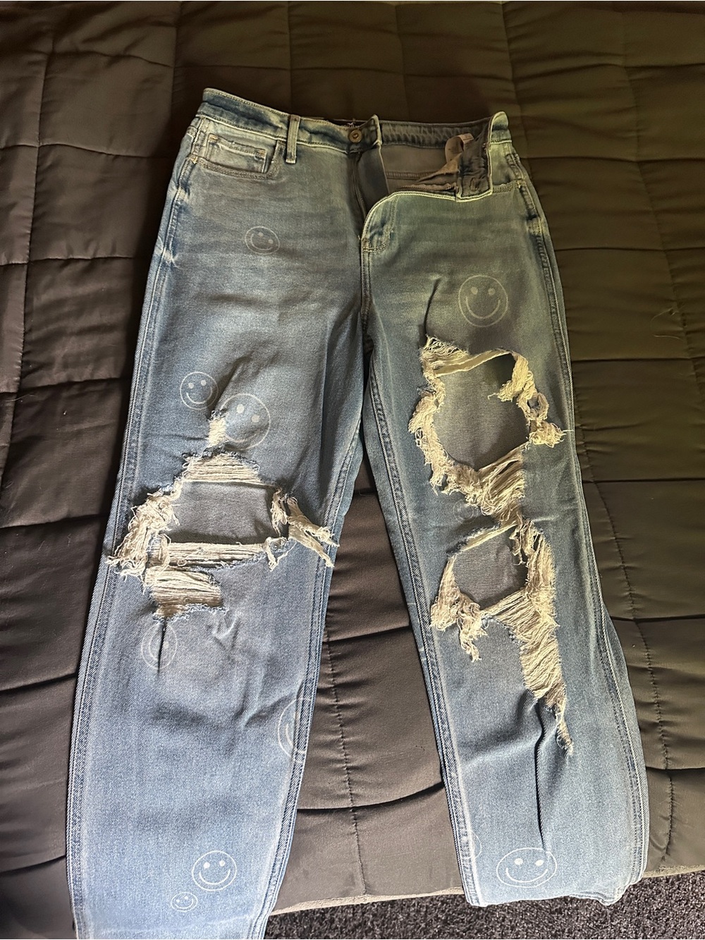 Hollister Light Blue Distressed Boyfriend Jeans with Smiley Prints